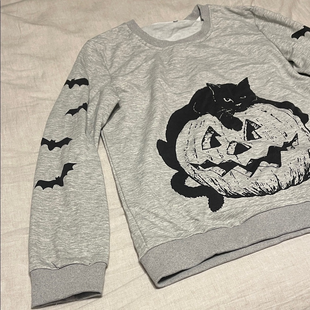 Gray Halloween Sweatshirt with Black Cat and Pumpkin Design - Picture 2 of 5